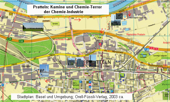 Karte mit der Wegroute (rote Punkte) in Pratteln