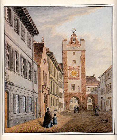 Centre de Ble: La ruelle du
                      chevalier (Rittergasse) avec la porte d'arc de
                      Saint-Alban 1863 (dmoli)