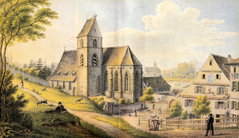 Ble Est: glise Saint-Alban
                        et le Moulin Hirz (Hirzlimhle), aquarelle de
                        Johann Jakob Neustck 1857