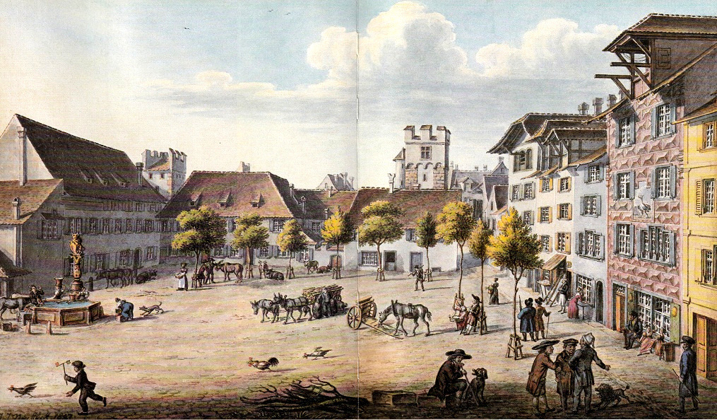 Centre de Ble: La
                        place des Pieds Nus (Barfsserplatz) vers 1820 -
                        aquarelle de Johann Jakob Neustck, 1847