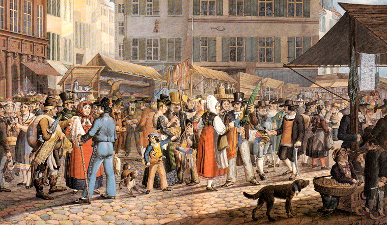 Centre de Ble: La place du march avec
                        Frohnfastenmarkt, aquarelle de Jakob Senn 1828