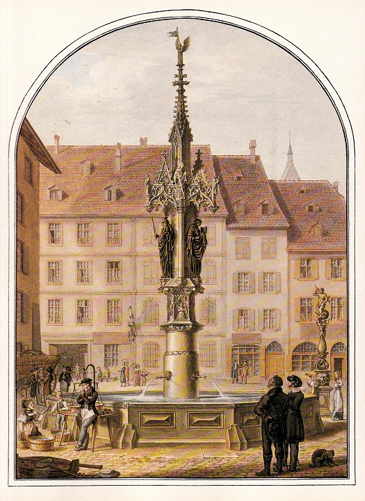 Centre de Ble: La fontaine du march aux
                      poissons, aquarelle de Johann Jakob Neustck 1850