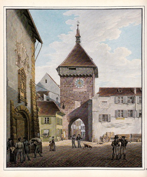 Centre de Ble: la maison du grenier et la
                      porte d'arc de Spalen, vue vue du faubourg de
                      Spalen, aquarelle de Johann Jakob Neustck 1837
