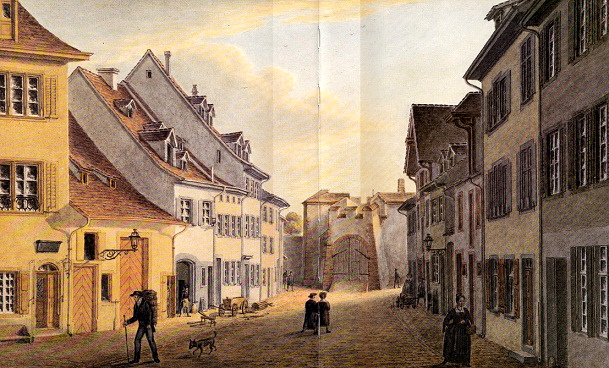 Ble Ouest: ruelle des Grenouilles
                        (Frschgasse) avec le rempart de la Grenouille,
                        aquarelle de Johann Jakob Neustck 1861