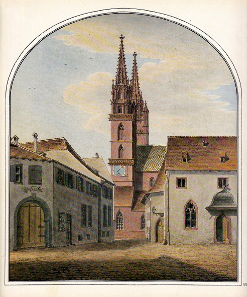Centre de Ble: ruelle du Chevalier
                        (Rittergasse) avec vue sur la cathdrale,
                        aquarelle de Johann Jakob Neustck 1860
