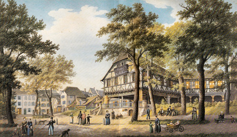 Centre de Ble: Place Saint-Pierre
                      (Petersplatz) avec la Maison des Arbaltes
                      (Armbrusthaus, Stachelschtzenhaus), aquarelle
                      1850, attribue  Achille Bentz (toujours debout)
