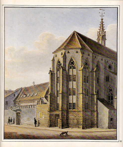 Centre de
                        Ble: l'glise du Prdicateur (Predigerkirche)
                        (prs de l'hpital cantonal actuel) et la prison
                        de bastion des cloches (Schellenwerk) pour de
                        courtes peines, aquarelle de Johann Jakob
                        Neustck 1859