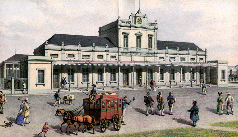 Ble Ouest: La gare
                      franaise derrire la ruelle de l'Abandon
                      (Lottergasse - sur l'actuelle ruelle de l'Hpital
                      - Spitalstrasse), dmolie en 1860 et remplace par
                      la gare franaise chet la gare principale CFF,
                      plan dessin  l'aquarelle 1846, peintre inconnu