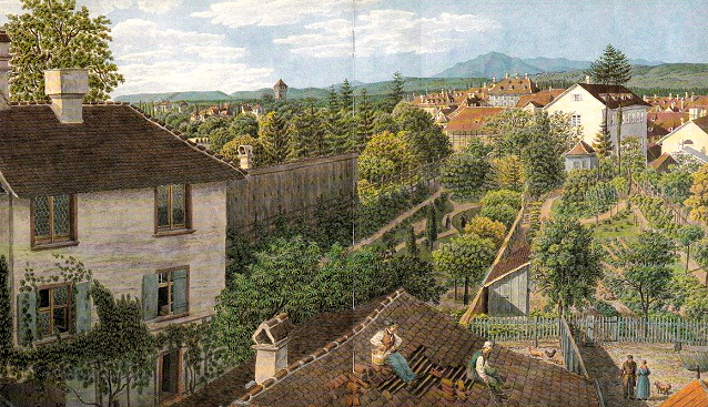 Jardins prs de Ble, aquarelle
                      d'Achille Bentz 1840