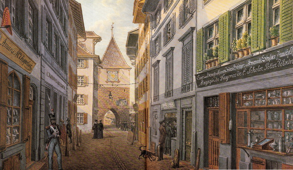 Centre de Ble:
                        Ruelle de Fer infrieure (Untere Eisengasse)
                        avec "dtroit" et avec la tour Hauser
                        (Hauserturm), aquarelle de Johann Jakob Neustck
                        1838