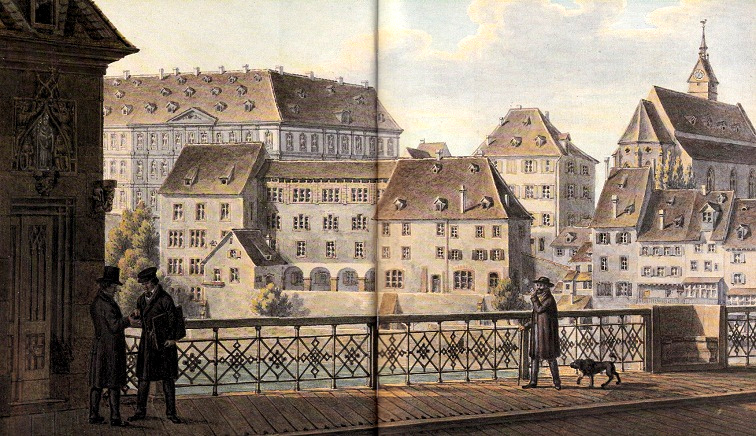 Die Universitt im Jahre 1859
                      befand sich damals im Schalerschen Haus, wo sie
                      seit 1460 untergebracht war - Aquarell von Johann
                      Jakob Neustck 1859