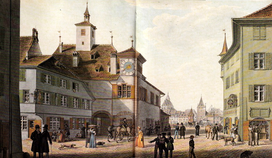 Petit Ble (Kleinbasel), la ruelle du
                        Rhin (Rheingasse) avec la maison de justice
                        (Richthaus), aquarelle de Johann Jakob Neustck
                        1838