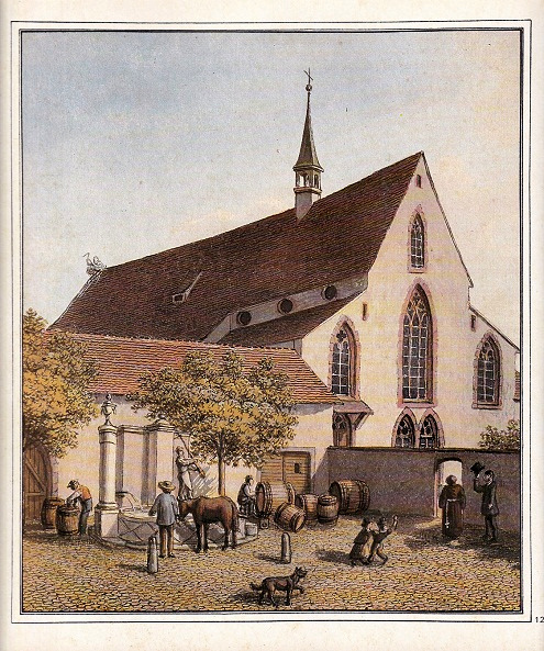 Petit Ble, l'glise de
                        Sainte-Claire (Clarakirche), aquarelle de Johann
                        Jakob Schneider 1854