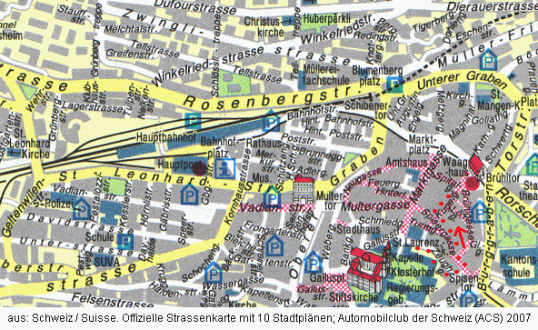 Karte: Stadtplan von St. Gallen mit dem
              Spaziergang (rote Punkte) vom 14.8.2007 Teil 5:
              Zeughausgasse - Spichergasse - Kugelgasse