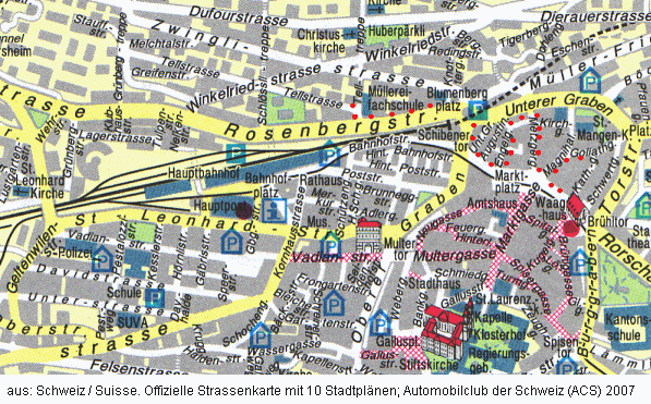 Karte: Stadtplan von St. Gallen mit dem
              Spaziergang (rote Punkte) vom 14.8.2007 Teil 6: Marktplatz
              - Metzgergasse - Engelgasse - Blumenbergplatz -
              Rosenbergstrasse - Tellstrasse - Telltreppe