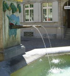 Winterthur: Fortunabrunnen am Obertor,
                  Fischreliefs und Wasserrohre, seitlich
