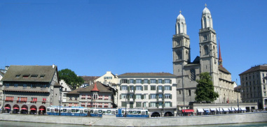 Zurich, Whre (Water channels), sight of Limmat
                Quay and Great Cathedral, panorama photo
