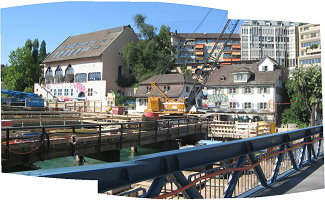 Zurich, Drahtschmidlisteg (Drahtschmidli
                        Footbridge), sight of youth center Dynamo and
                        the Drahtschmidli (smithery of wire), panorama
                        photo