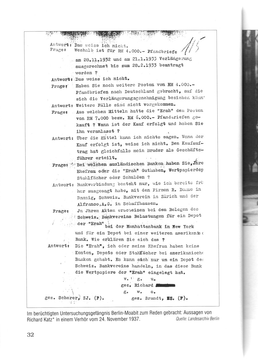 Seite 32: Verhörprotokoll aus dem Gefängnis Berlin-Moabit 1937: Im berüchtigten Untersuchungsgefängnis Berlin-Moabit zum Reden gebracht: Aussagen von Richard Katz* in einem Verhör vom 24. November 1937
