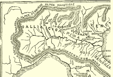 Karte
                      mit Norditalien mit der Provinz Gallia Cisalpina
