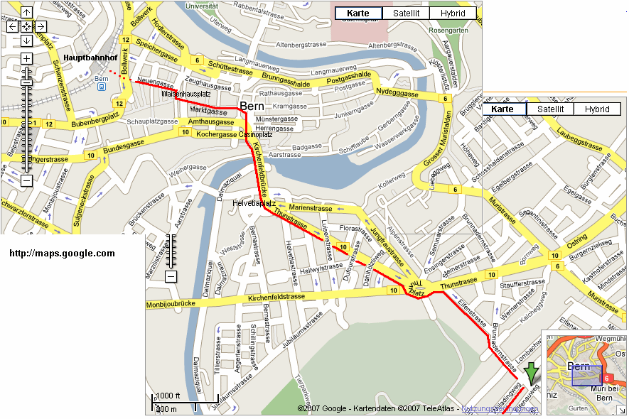 Stadtplan (google) Bern vom
                              Hauptbahnhof bis zum Willadingweg