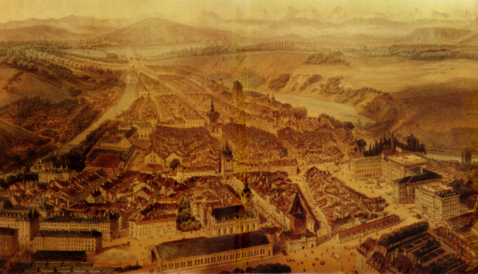 Bern 1860 ca., Panorama mit
                Kopfbahnhof