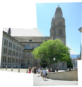 Zurich, Zwingli Square with Great
                                Cathedral, panorama photo