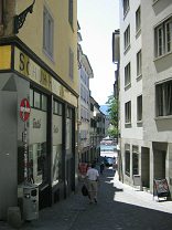 Zurich, Kirchgasse (Church Alley) with view
                        to Limmat River