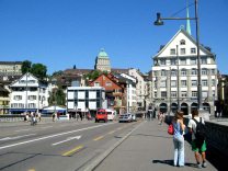 Zurich, Rudolf Brun Bridge, sight of Limmat
                        Quay (02) with the university in the background
