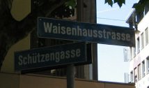 Road signs at the crossing
                        Waisenhausstrasse / Schtzengasse (Orphanage
                        Street / Shooter Alley)
