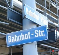 Road signs at the corner of Bahnhofplatz /
                        Bahnhofstrasse (Station Square / Station
                        Street)