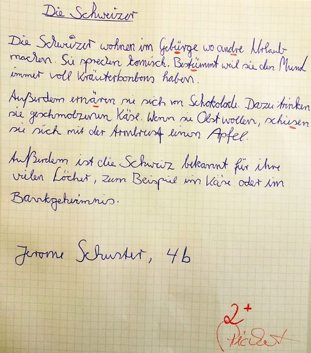 Aufsatz: Die
                    Schweizer, geschrieben von einem deutschen Schler
                    in einem Grenzort an der schweizer Grenze, 2014