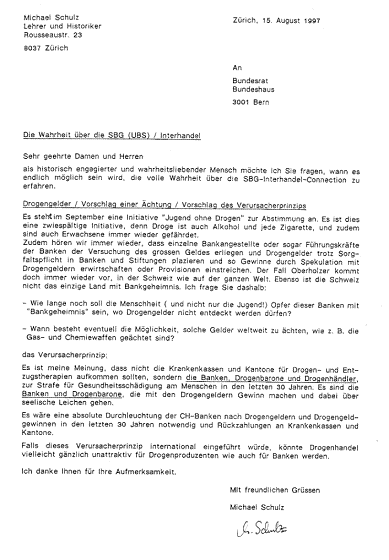 Brief vom 15.8.1997 mit dem Vorschlag der
                    chtung der Drogengelder