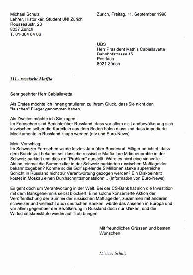 Brief von Michael Palomino (damals noch mit
                    Nachnamen Schulz) vom 11.9.1998 mit der Anfrage, wie
                    lange die UBS noch Mafiagelder bunkern will