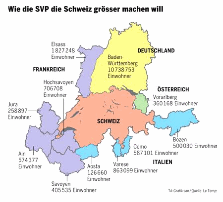 Karte der Schweiz mit den
                  Nachbarsgebieten, wo die Volksstimmung mehrheitlich
                  fr einen Beitritt zur Schweiz ist [1]