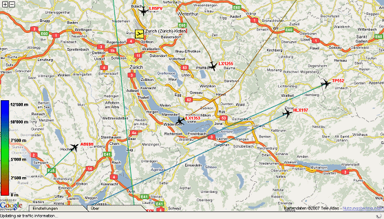 Karte 42: 1.12.2007, Sa, 21:46 Uhr,
                        Sdanflug mit Anflug auf die Spitzkehre ber
                        Wdenswil