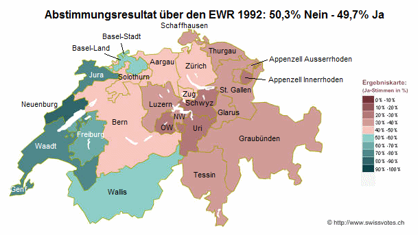 Swiss map with the result of the
                            people's vote about EEA from December 6,
                            1992, with 50.3% No