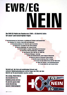 Poster against EEA and against EC with
                            the picture with the black tongs and the
                            Swiss cross