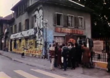 AJZ Youth Center in Zurich with it's yellow and
                    light blue painting, in 1981 appr.