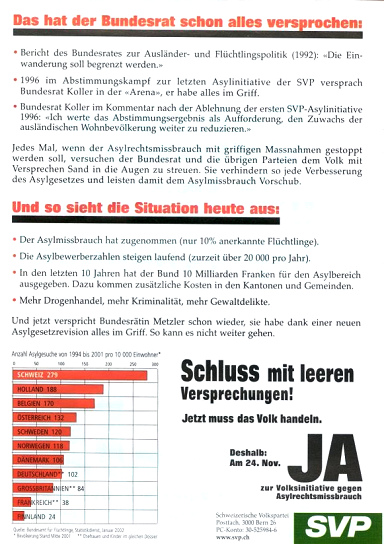 Leaflet of SVP with arguments for a
                              sharpened asylum law 2002