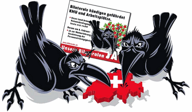 Poster of Nazi SVP of 2008 concerning
                            Free Movement of Persons depicting ravens
                            from Romania and Bulgaria