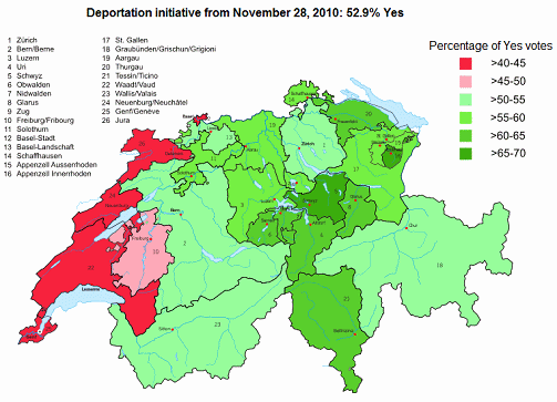 Map of Switzerland with the result of
                              the deportation initiative from November
                              28, 2010: 52.3% Yes and "language
                              ditch