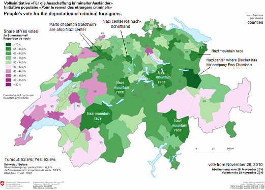 Swiss map with the result of the
                              deportation initiative from November 28,
                              2010 according to the counties