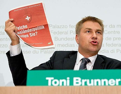 Mr. Toni Brunner, a "scholar" of racist
            Blocher, a mentally ill and racist chairman of this Fascist
            propaganda party of SVP, without having studied any
            sociology or psychology, with a forged SVP survey about
            foreigners in his hands, November 2010
