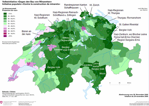 Swiss map with the people's vote about
                            the prohibition of minarets from November
                            29, 2009 according to districts with 57%
                            Yes, no split