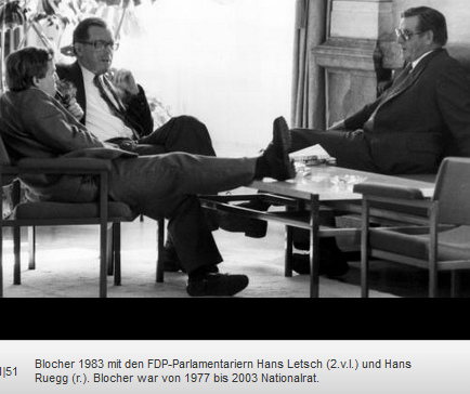 Racist Christoph Blocher as a "national
                    deputy" with his shoe on the table in 1983 with
                    other national deputies Letsch and Regg
