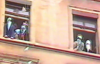 Squatting of Baden Street N 2 with bird masks
                in the windows, Zurich 1983 appr.