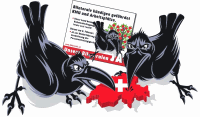 Nazi poster of SVP in 2008
                                    in Nazi colors black, red, and white
                                    against Free Movement of Persons
                                    depicting Romania and Bulgaria as
                                    "giant ravens" picking at
                                    Switzerland - but Romanian burglar
                                    gangs also come without agreement of
                                    Free Movement of Persons