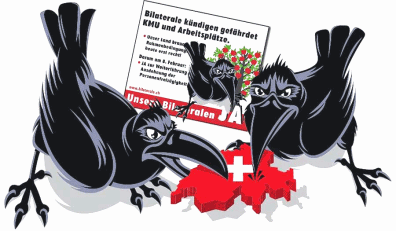 Poster of
                                    SVP 2008 against Free Movement of
                                    Persons with Romania and Bulgaria
                                    depicting two ravens pecking on
                                    Switzerland and a third raven is
                                    robbing an apple tree (the logo of
                                    the proponents)