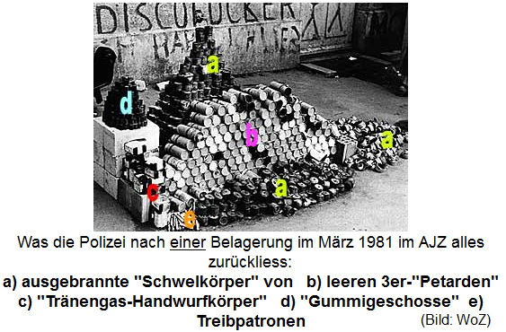 Munitionsschrott der
                        kriminellen Schlgerpolizei Zrich (Nazis in
                        Blau) beim AJZ vom Mrz 1981